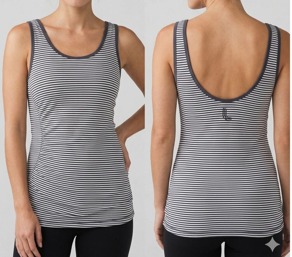 Lole Large Gray White Striped Tank Top Wicking Stretch UPF 50